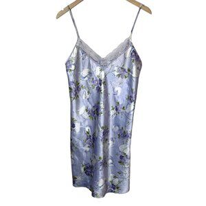 Gilligan & O’Malley Purple Floral Satin Slip Dress Nightgown Lace Trim Small